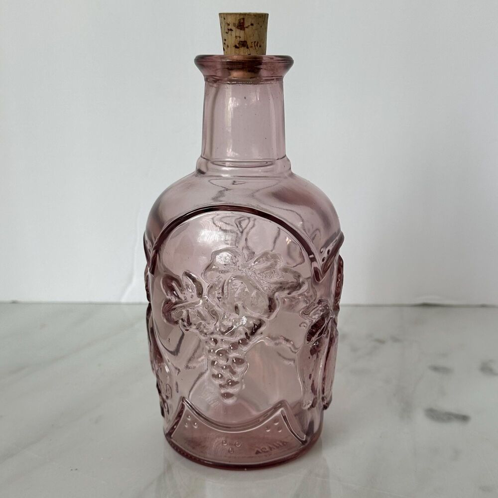 Vintage Libbey Canada Pink Glass Decanter Fruit Embossed Bottle Cork Stopper